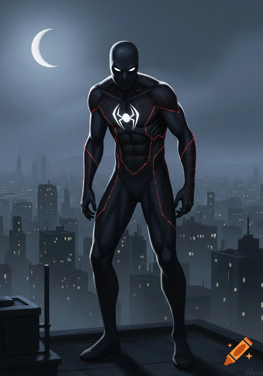Dark superhero in a black and red suit with a white spider emblem stands on a city rooftop at night under a crescent moon.