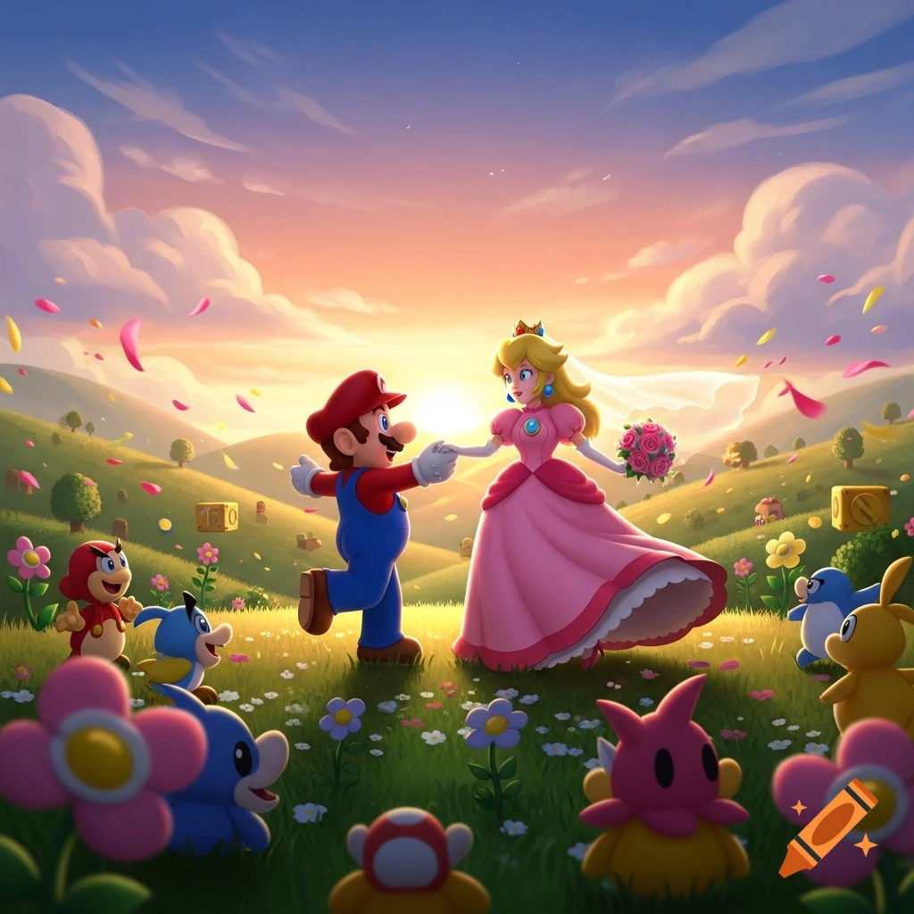 Mario and Princess Peach dance on a flower-filled green hill at sunset, surrounded by colorful creatures and falling petals in a vibrant 3D render.