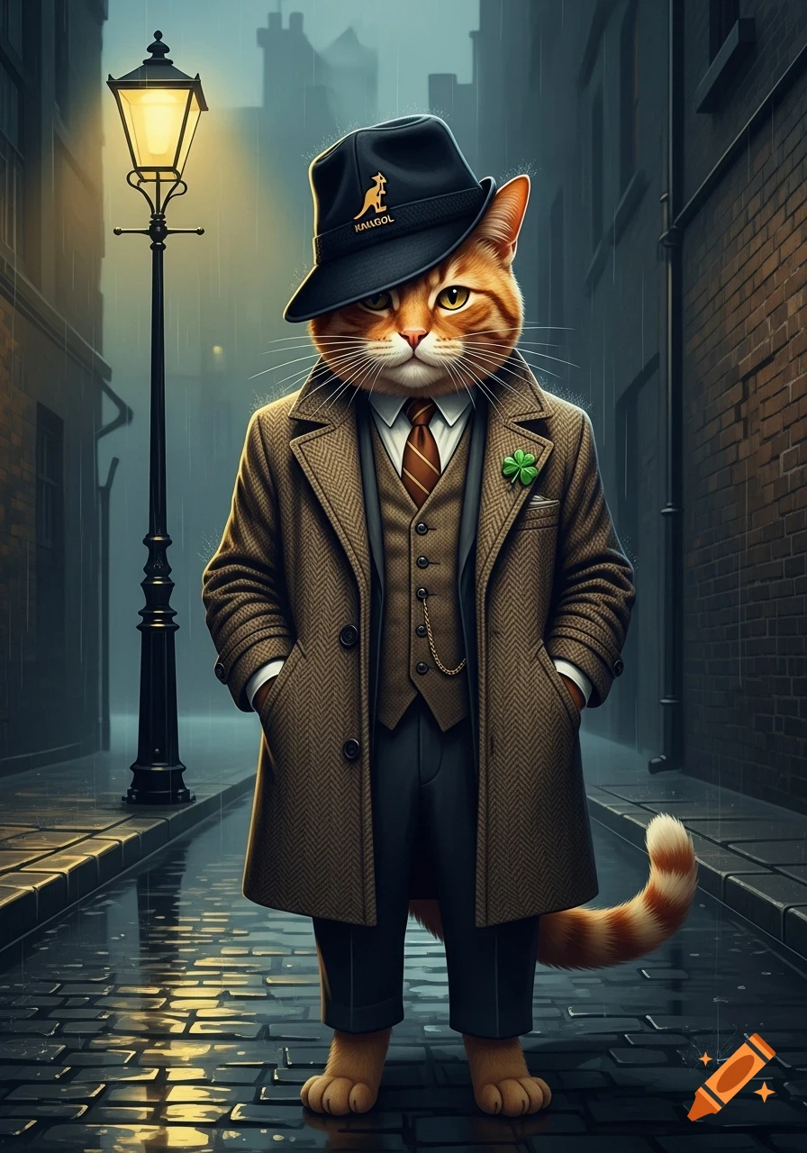 A stylized orange cat wearing a brown tweed coat, vest, and a black Kangol hat stands under a dim streetlamp in a rainy cobblestone alley.