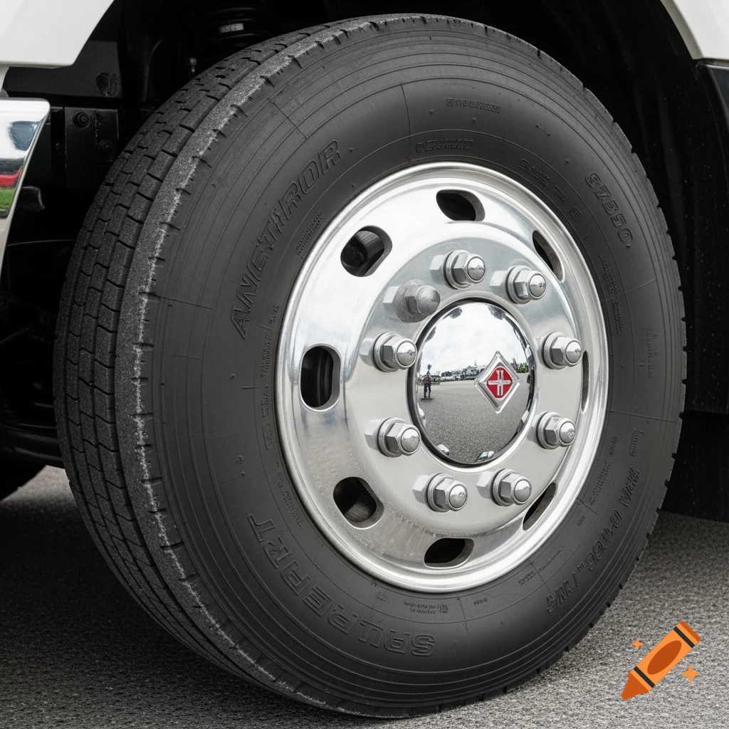 Close-up, photorealistic shot of a large truck wheel with a shiny chrome rim and a tire with illegible text on the sidewall. The center hubcap features a red and white International Harvester logo.