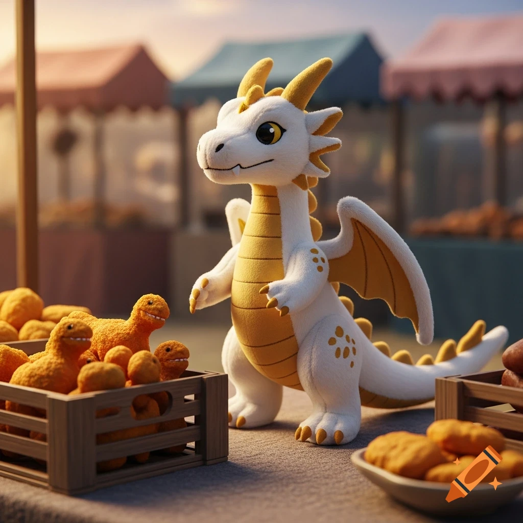A white and gold plushie dragon stands next to wooden crates filled with dinosaur-shaped chicken nuggets at a market stall.