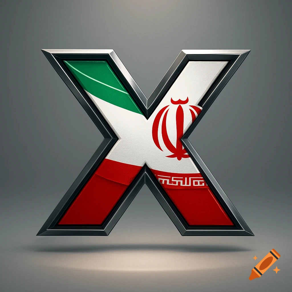 A 3D metallic letter X filled with the design of the Iran flag, floating above a gray surface.