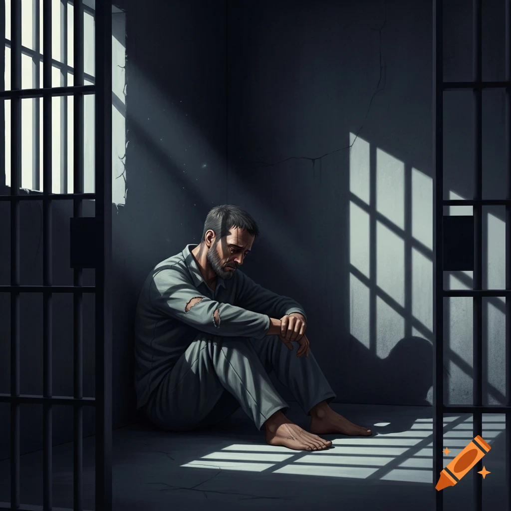 A lone man with a beard sits sadly on the floor in a dimly lit prison cell, with light streaming through the bars.