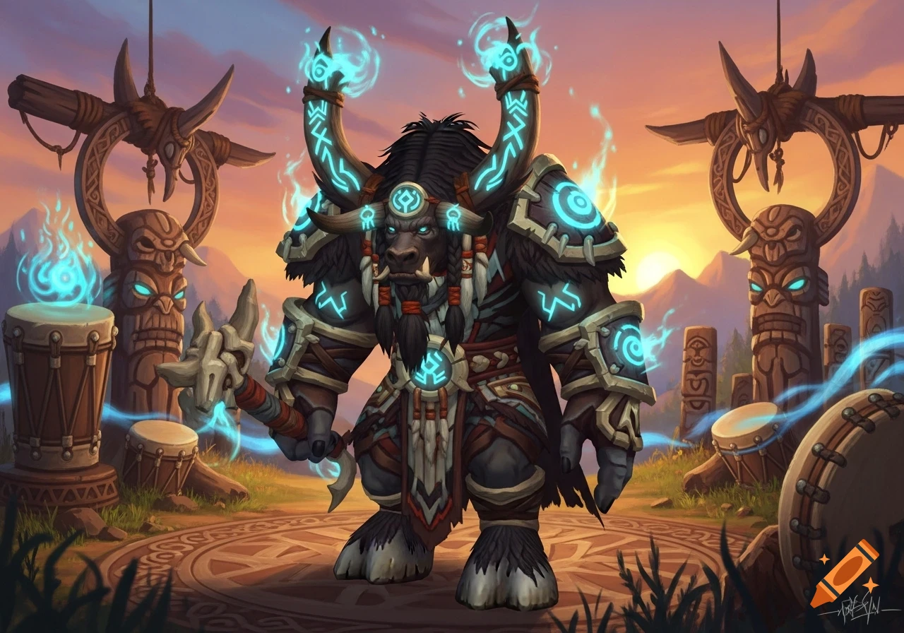 A powerful Tauren shaman, adorned with glowing blue runes and fur armor, stands amidst ceremonial totems at sunset.