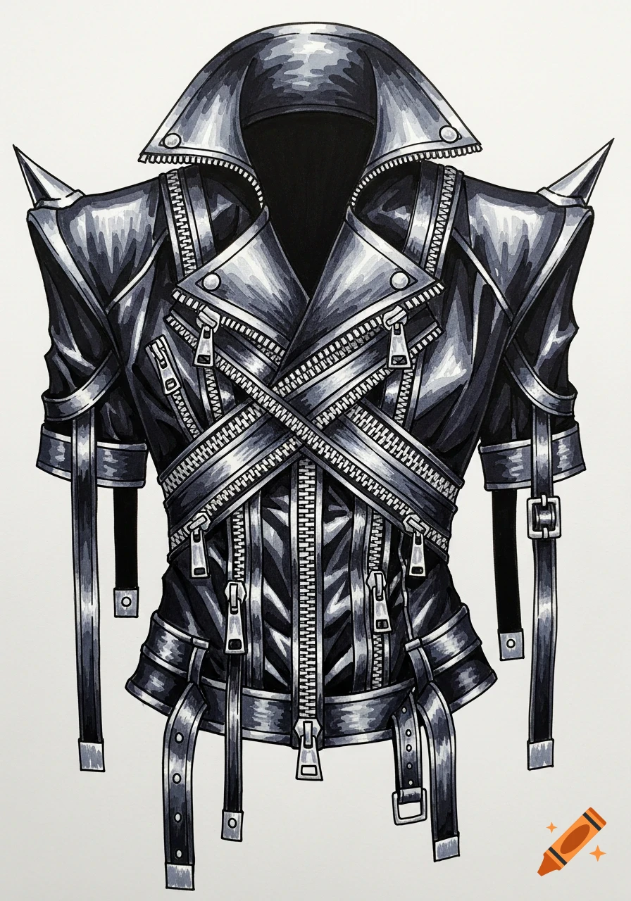 An avant-garde gothic anime jacket, intricately drawn in ink, featuring numerous metallic zippers, pointed shoulders, and dangling straps.