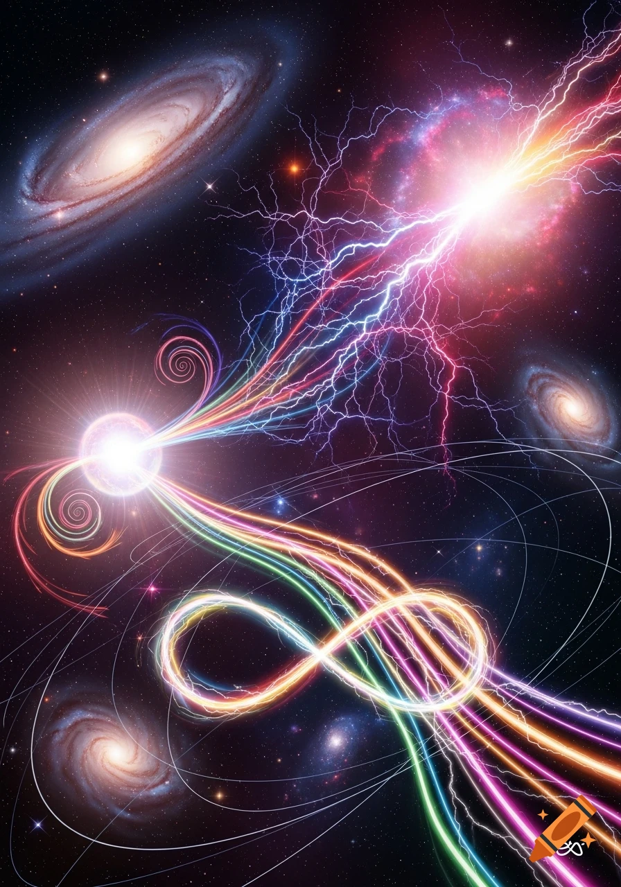 Vibrant abstract cosmic scene with a bright light, colorful energy trails, lightning, infinity symbol, and galaxies.