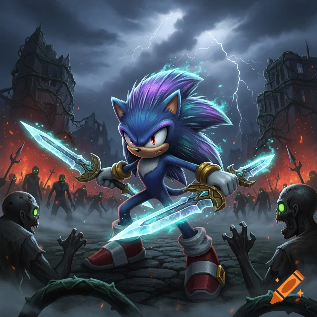 A blue, spiky hedgehog-like hero with glowing blue swords battles a horde of green-eyed zombies in a stormy, ruined city under lightning.