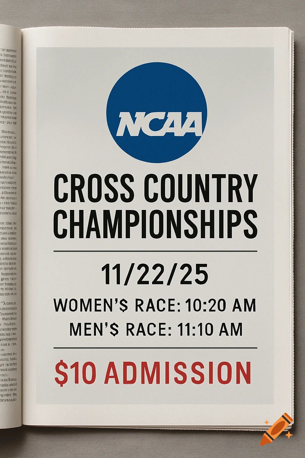 A newspaper advertisement for the NCAA Cross Country Championships, showing the NCAA logo, the date 11/22/25, race times for women (10:20 AM) and men (11:10 AM), and a $10 admission fee.