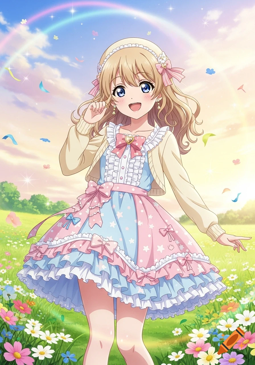 A smiling blonde anime girl in a frilly pink and blue dress and cardigan stands in a vibrant flower field under a rainbow sky.