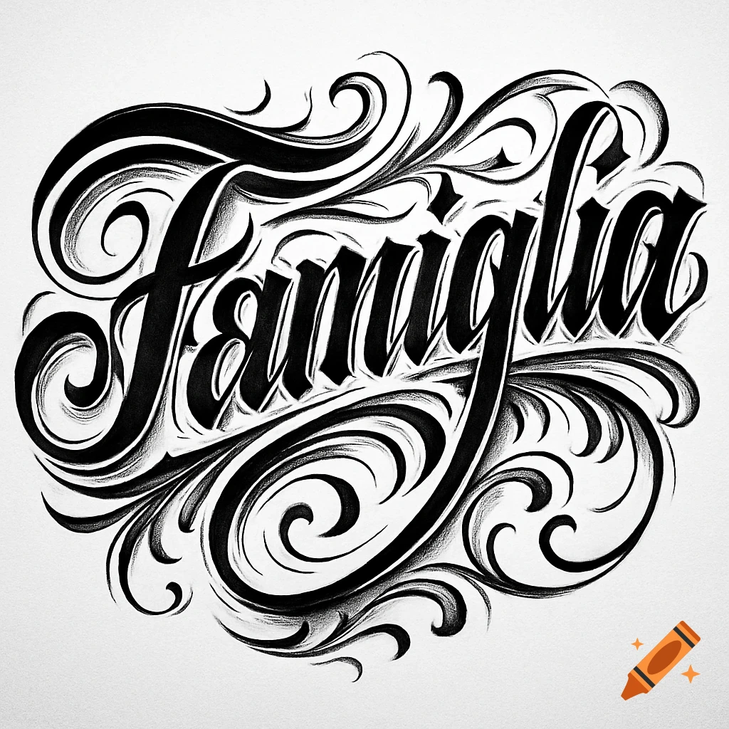 Ornate black and white calligraphy of the word "Famiglia" with decorative swirls in a Chicano tattoo style.