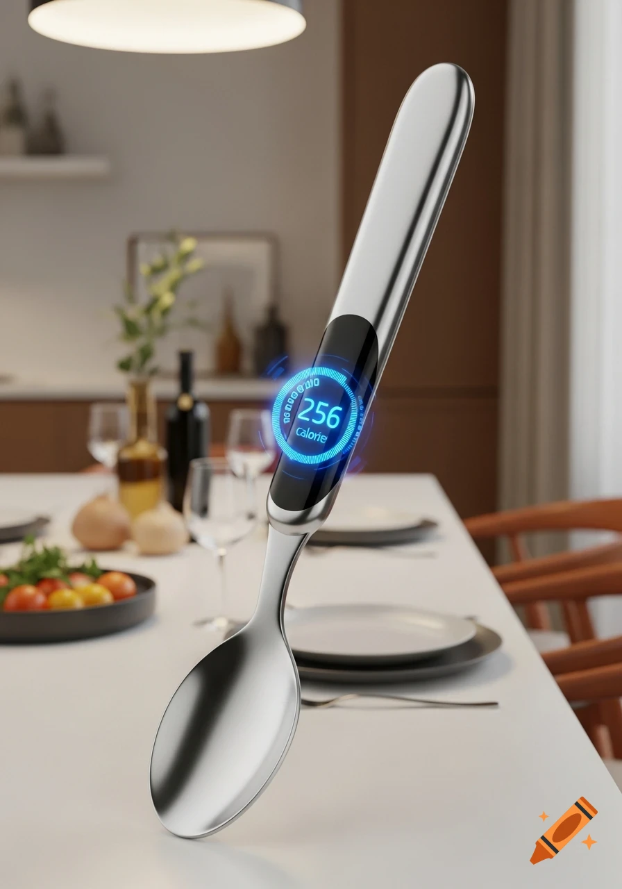 A silver smart spoon with a glowing blue digital display showing "256 calorie" stands upright on a white dining table with blurred background elements.