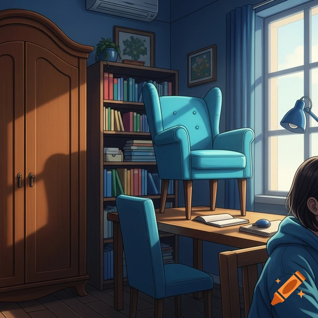 Anime-style room with a blue armchair atop a wooden desk, a bookshelf, and a person facing a sunlit window.