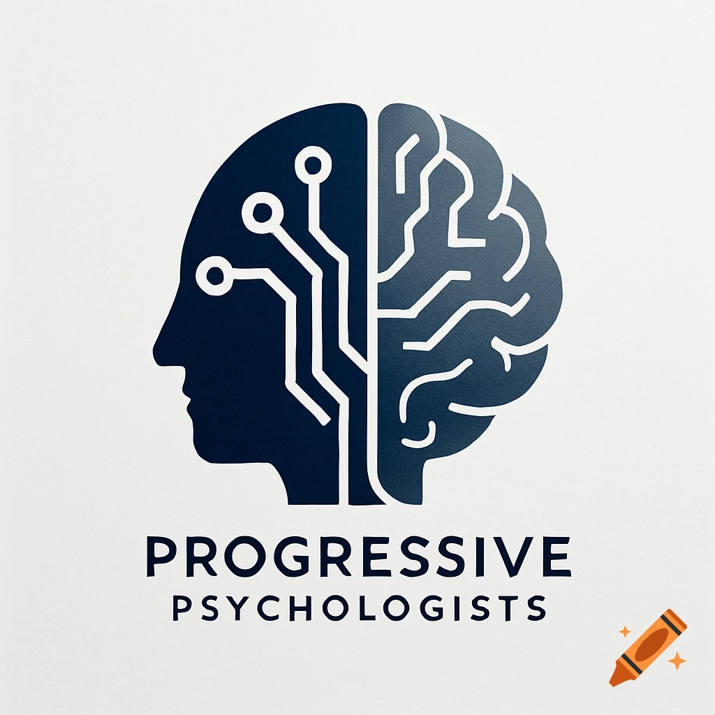Stylized logo of a human head in profile with one side as a circuit board and the other as a brain, above the text 'PROGRESSIVE PSYCHOLOGISTS' on a white background.