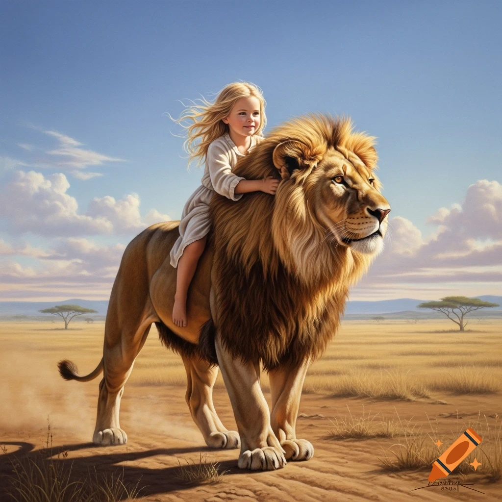 A blonde girl rides a majestic lion through a sunlit savanna with acacia trees, in a realistic airbrush style.