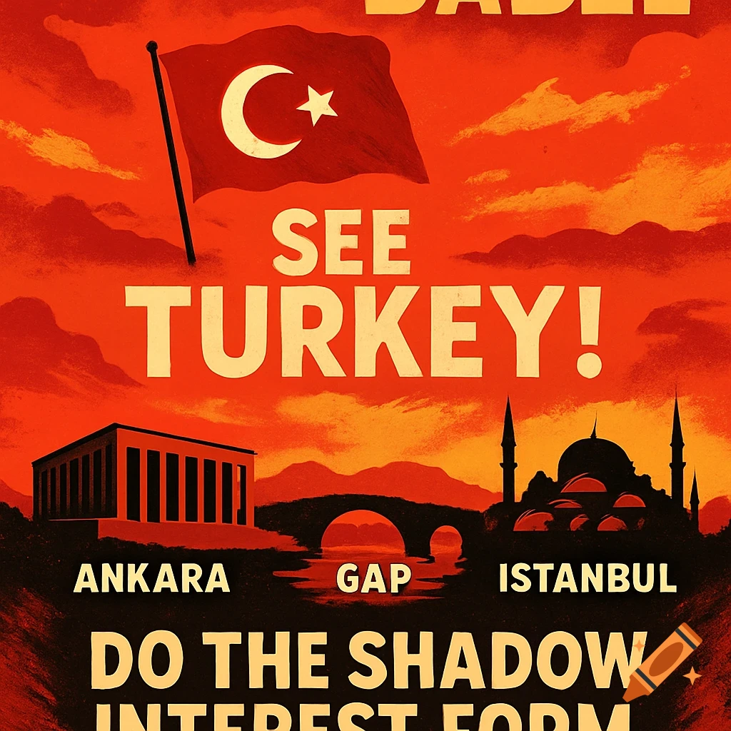 A vintage-style travel poster for Turkey, featuring the Turkish flag, a classical building for Ankara, a bridge for GAP, and mosques for Istanbul, all against an orange sky with the text "SEE TURKEY!" and "DO THE SHADOW INTEREST FORM".