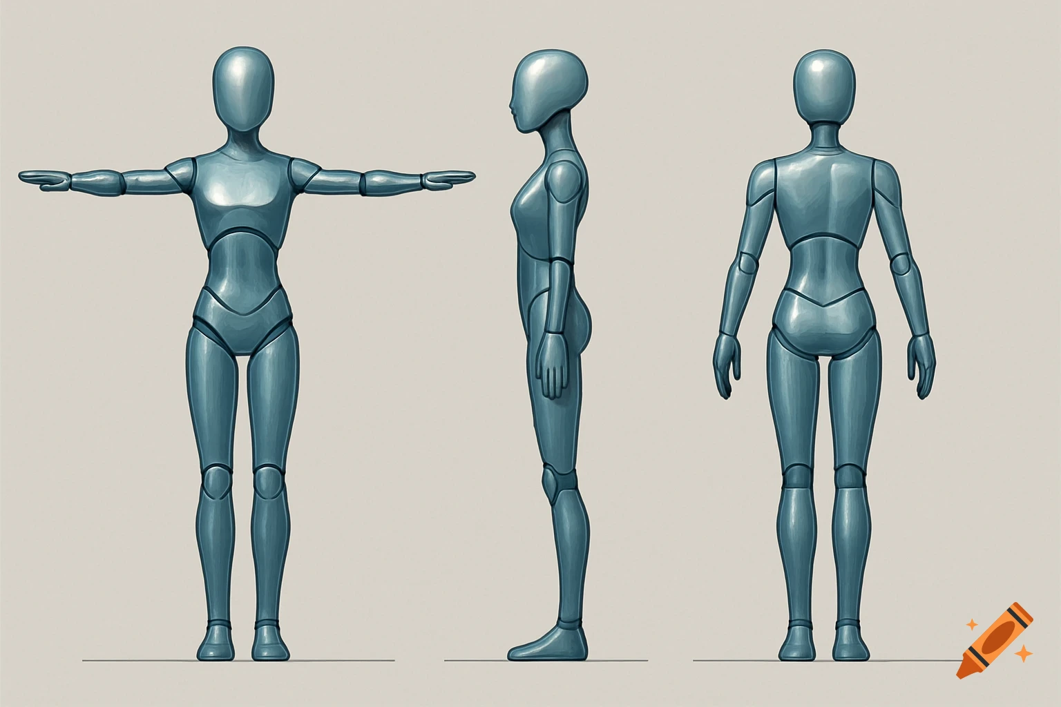 Three orthographic views (front, side, back) of a stylized blue mannequin figure in a T-pose, on a light background.