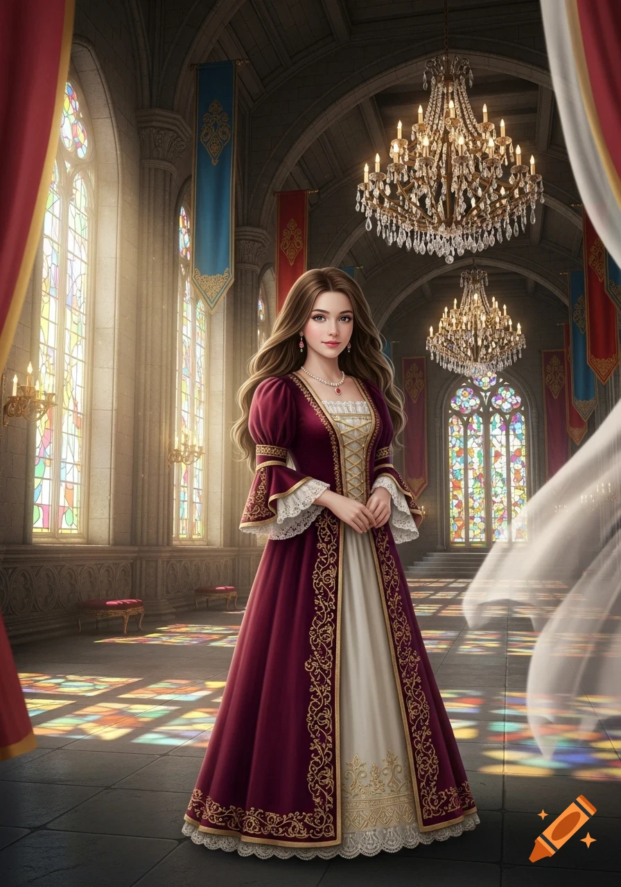 A brown-haired woman in an ornate maroon and white dress stands in a grand castle hall with stained glass windows and chandeliers.