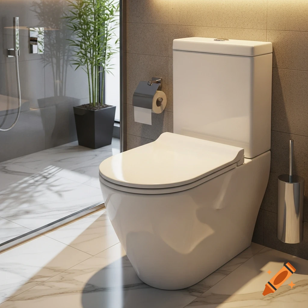 Modern white toilet in a stylish bathroom with marble floors, grey tiles, and a plant.
