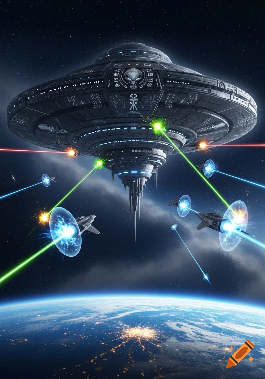A massive, dark UFO mothership with alien symbols is raided by smaller spacecraft firing lasers above a glowing Earth at night.