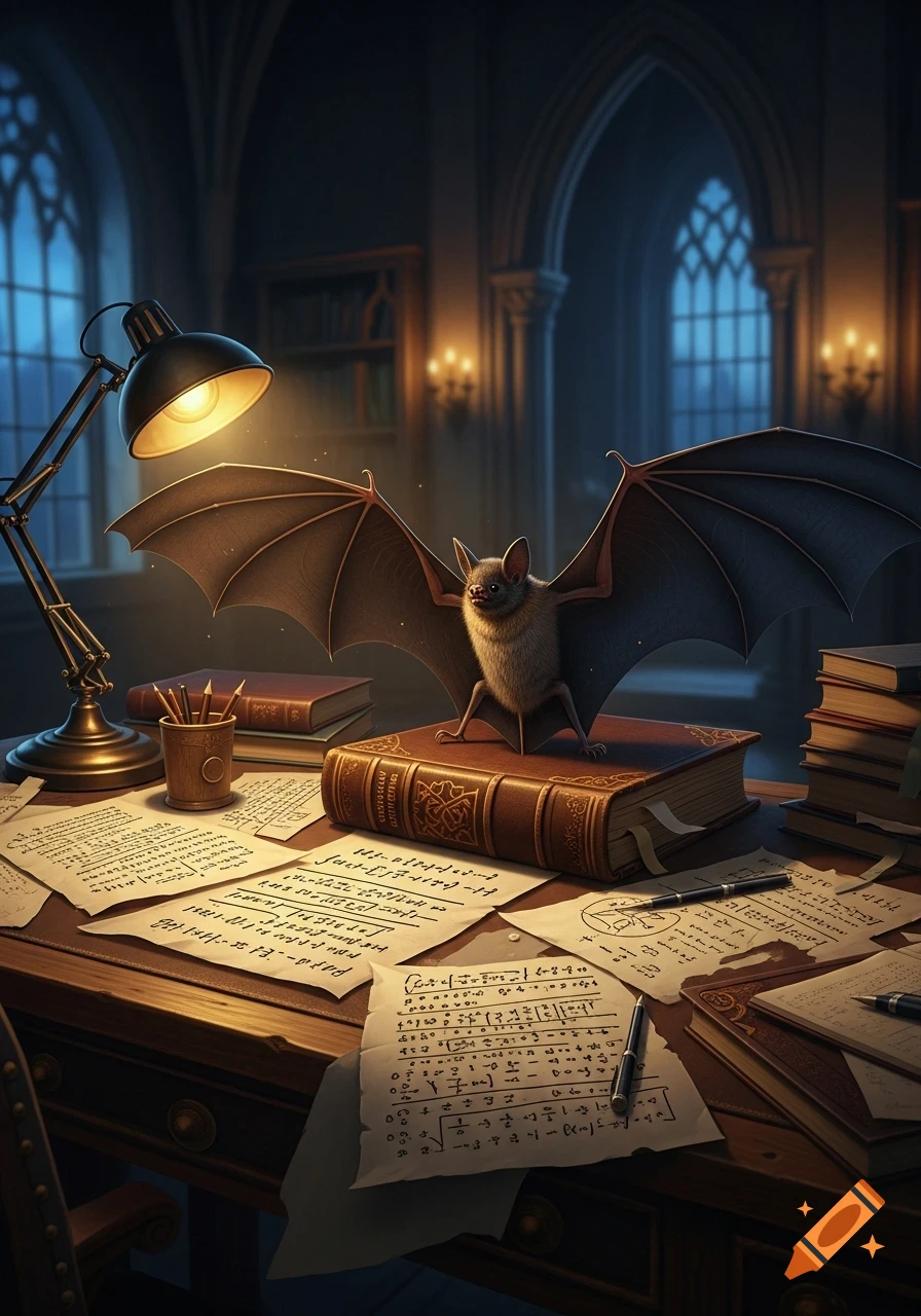 A small bat with outstretched wings stands on a large, ornate book on a cluttered desk with papers in a dimly lit, gothic library.