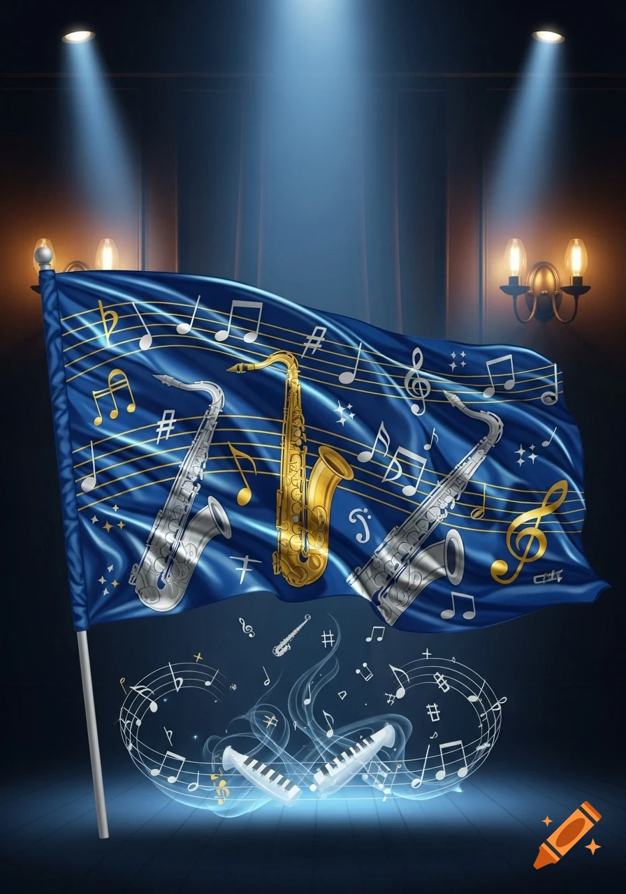 A dark blue flag decorated with golden and silver saxophones, musical notes, and clefs, lit by spotlights on a stage.
