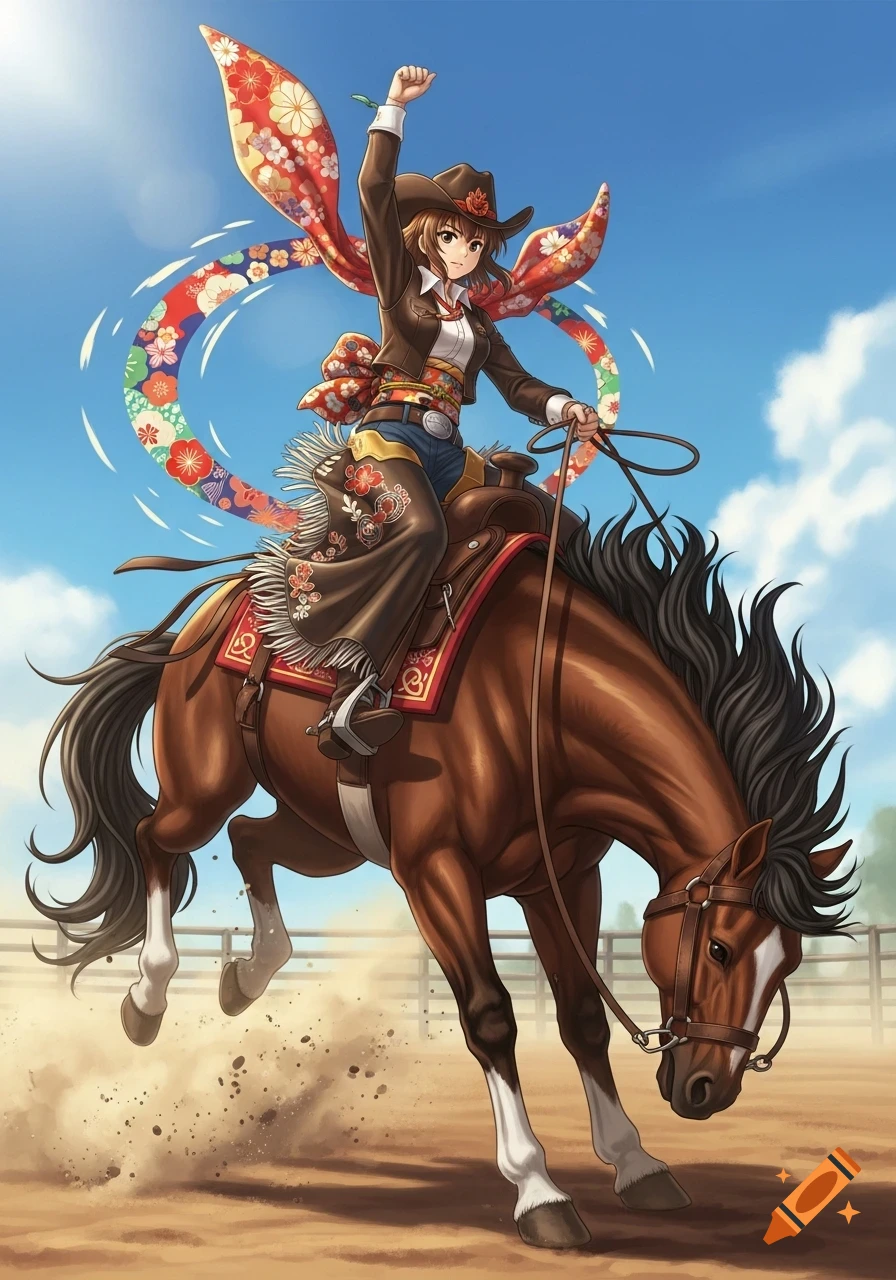 A stylized anime cowgirl with a floral-patterned sash joyfully rides a brown horse in a dusty rodeo arena under a blue sky, fist raised.
