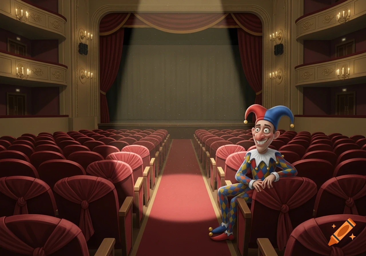 A cartoon jester in a colorful harlequin suit sits in an empty red velvet theater auditorium, lit by a spotlight.