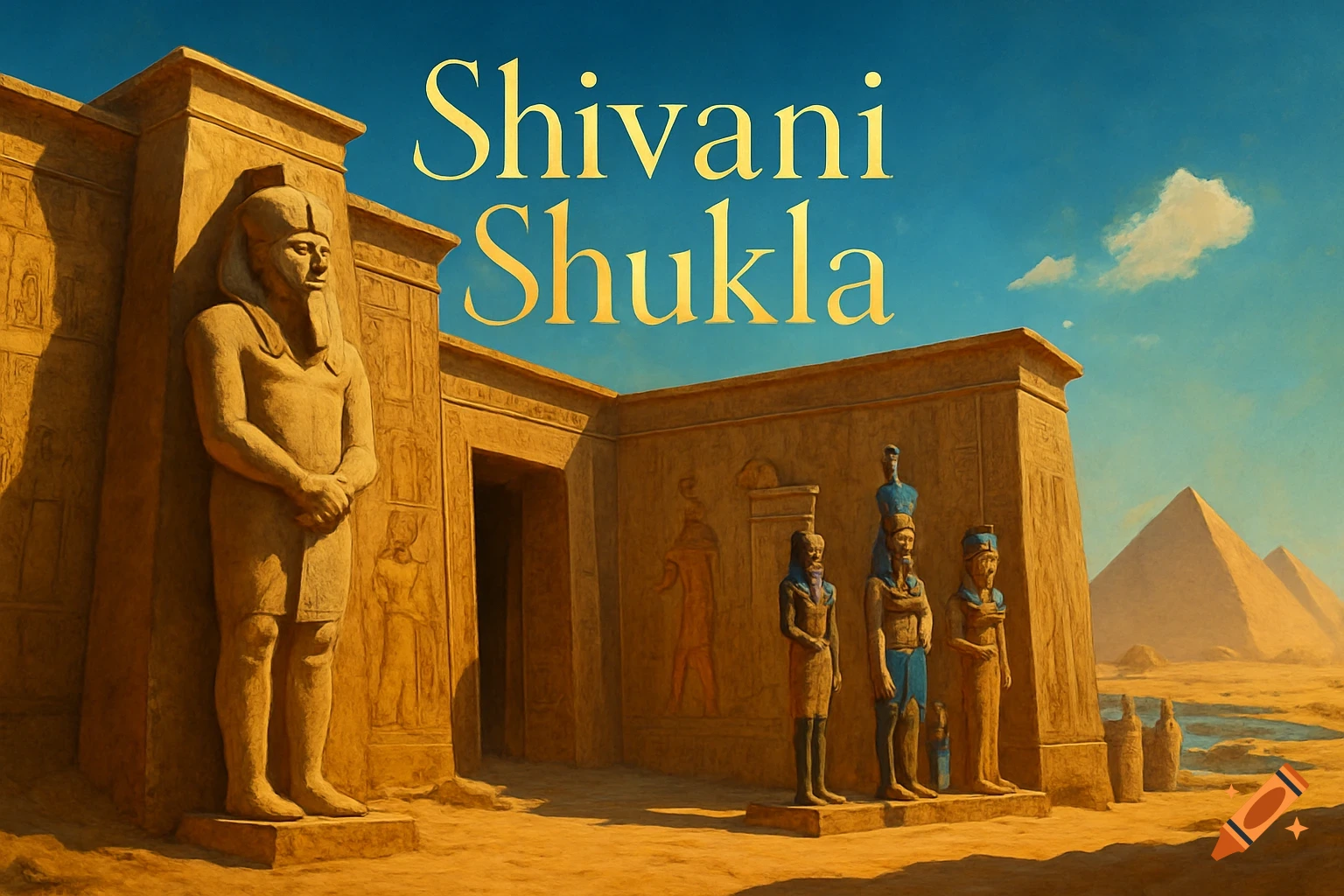 Ancient Egyptian landscape with large stone statues, a temple, and pyramids under a blue sky, with 'Shivani Shukla' in gold text.