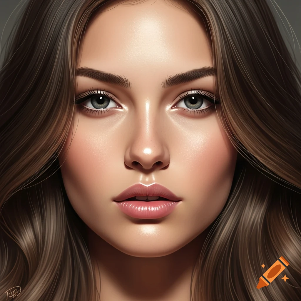 Close-up hyperrealistic portrait of a woman with long wavy brown hair, striking green eyes, and shiny pink lips.