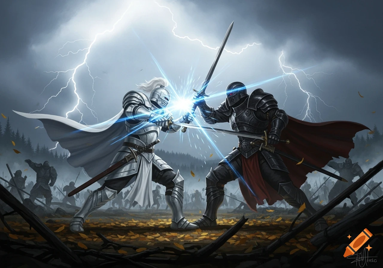 Two armored knights, one in white and one in dark armor, clash swords with glowing energy amidst a stormy battlefield under lightning.