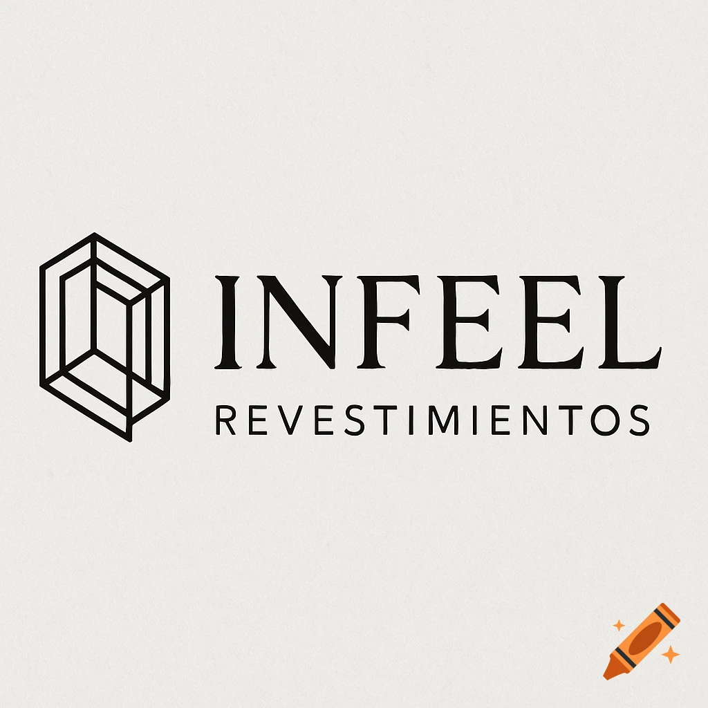 Minimalist logo for Infeel Revestimientos featuring a black geometric cube-like symbol next to serif text on a light background.