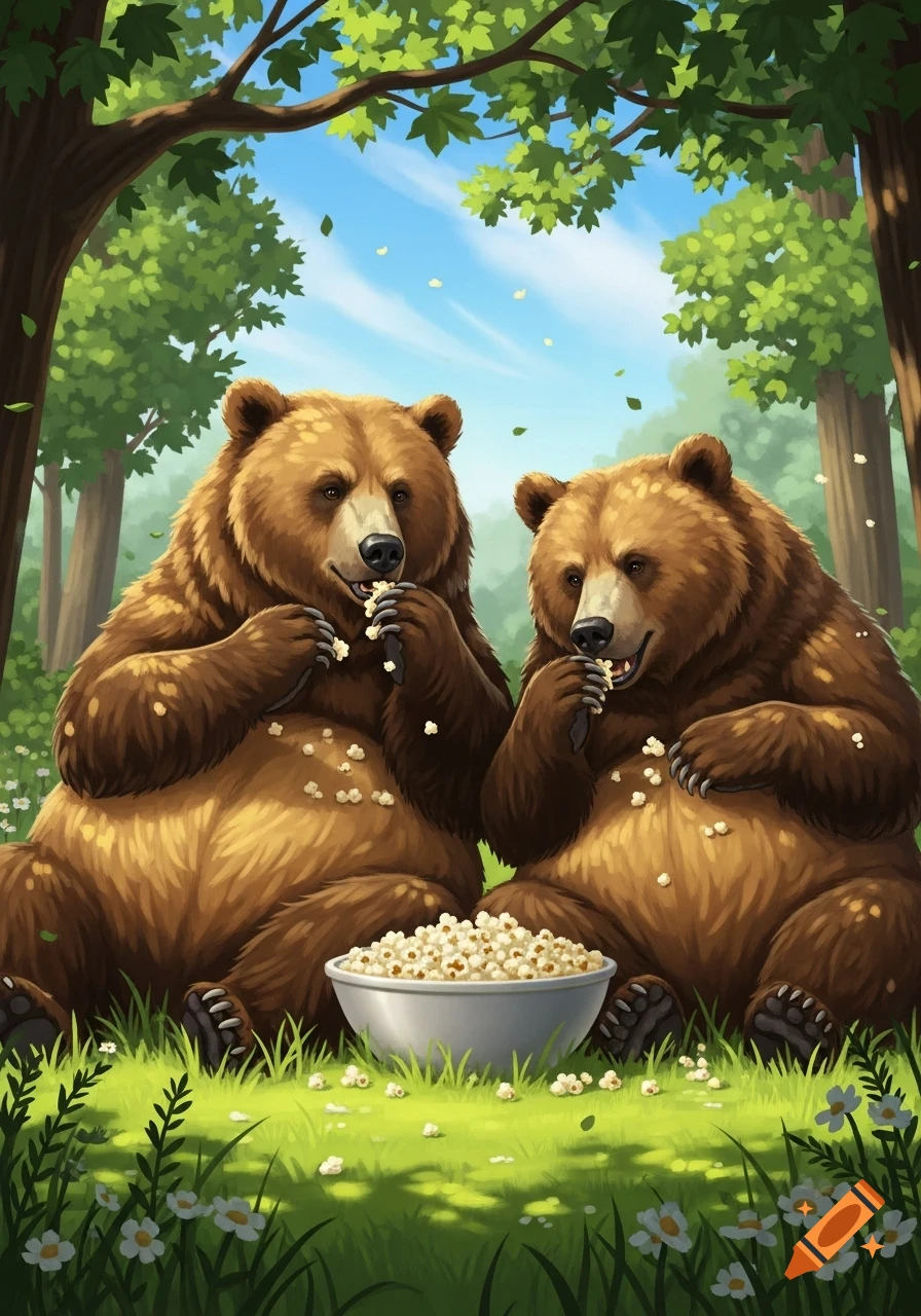 Two brown grizzly bears sit in a grassy forest clearing, happily eating popcorn from a large white bowl.