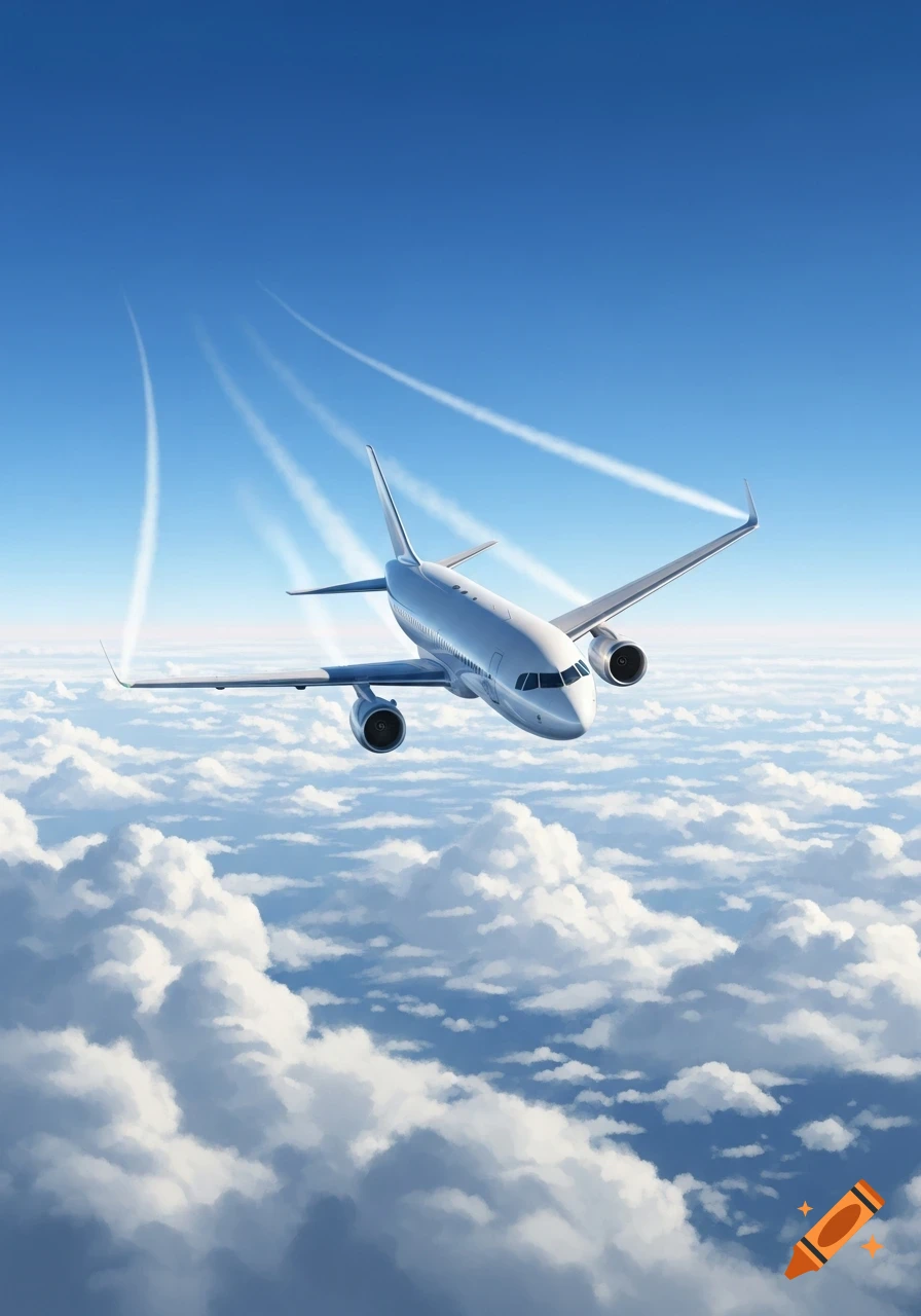 White passenger airplane flying above clouds under a clear blue sky, leaving contrails, photorealistic.