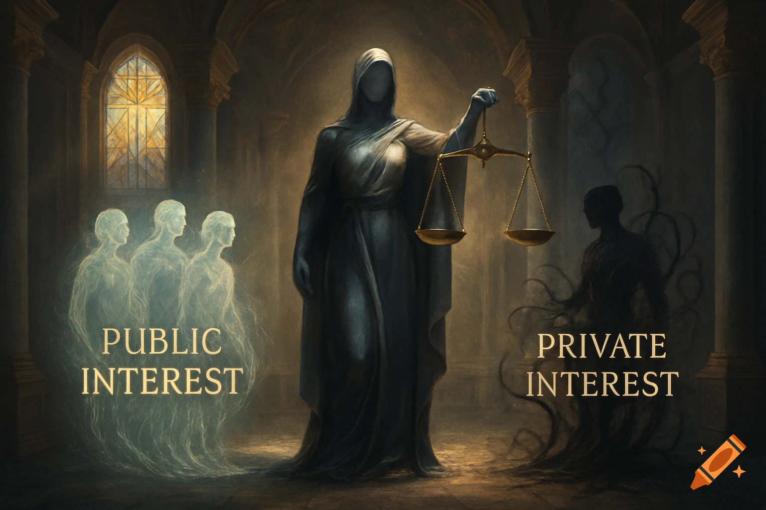 A robed, hooded figure like Lady Justice holds scales in a dark gothic hall. On the left, luminous figures with 'PUBLIC INTEREST'; on the right, a shadowy figure with 'PRIVATE INTEREST'.