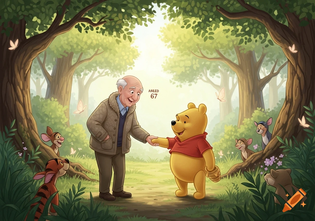 An old man in a jacket shakes hands with Winnie the Pooh in a sunny forest, surrounded by other cartoon animals like Piglet and Tigger.