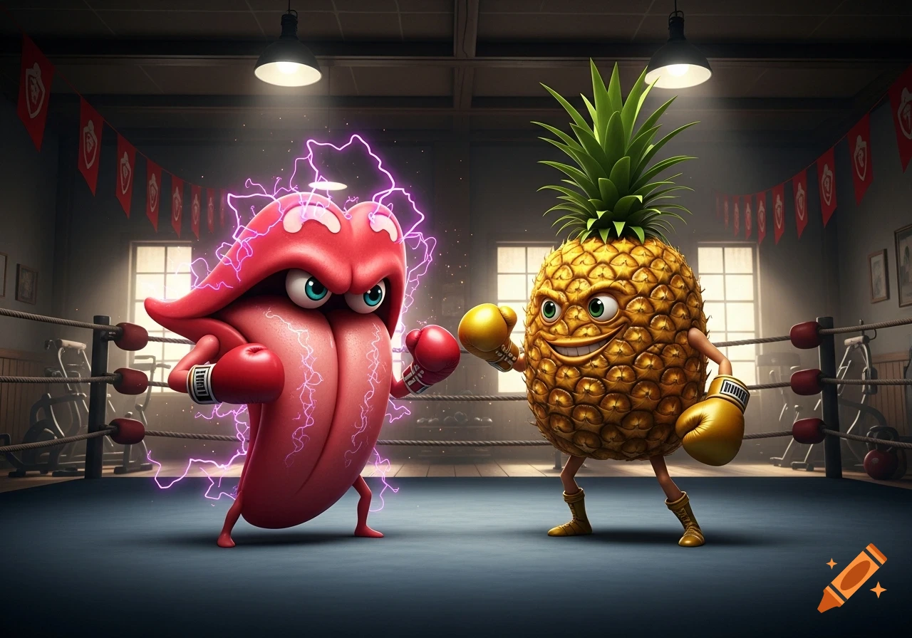 A cartoonish red tongue character with a face and purple electrical energy surrounding it, wearing boxing gloves, faces off against a smiling cartoon pineapple character with a face and yellow boxing gloves in a boxing ring.