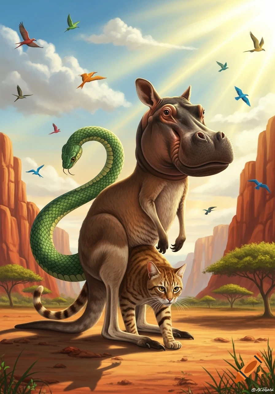 A fantastical creature with a hippo head, kangaroo body, cat legs, and a snake tail stands in a sunny desert landscape with mountains and birds flying.