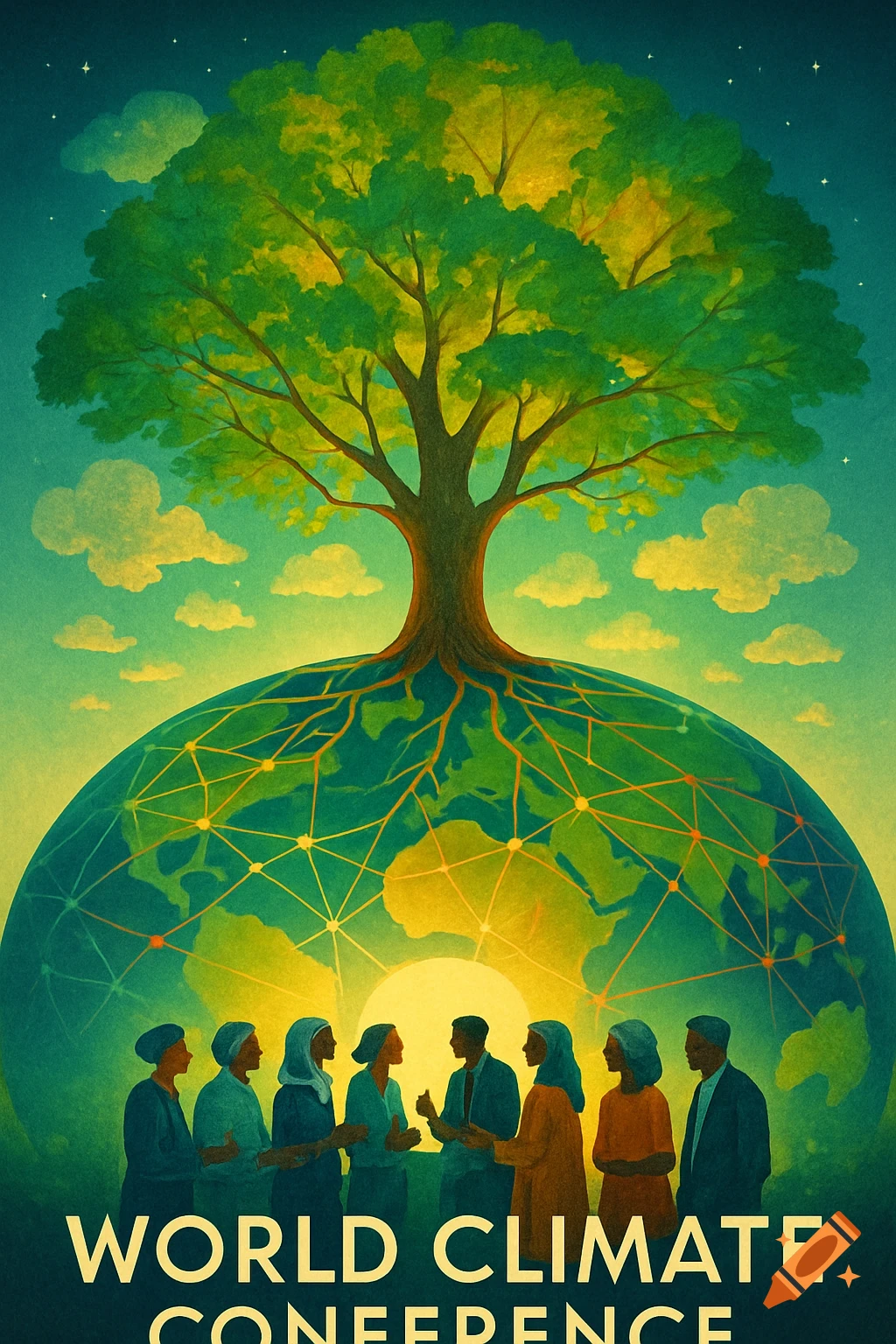 Stylized poster for a World Climate Conference featuring a large tree with roots covering a globe, and people gathered below.