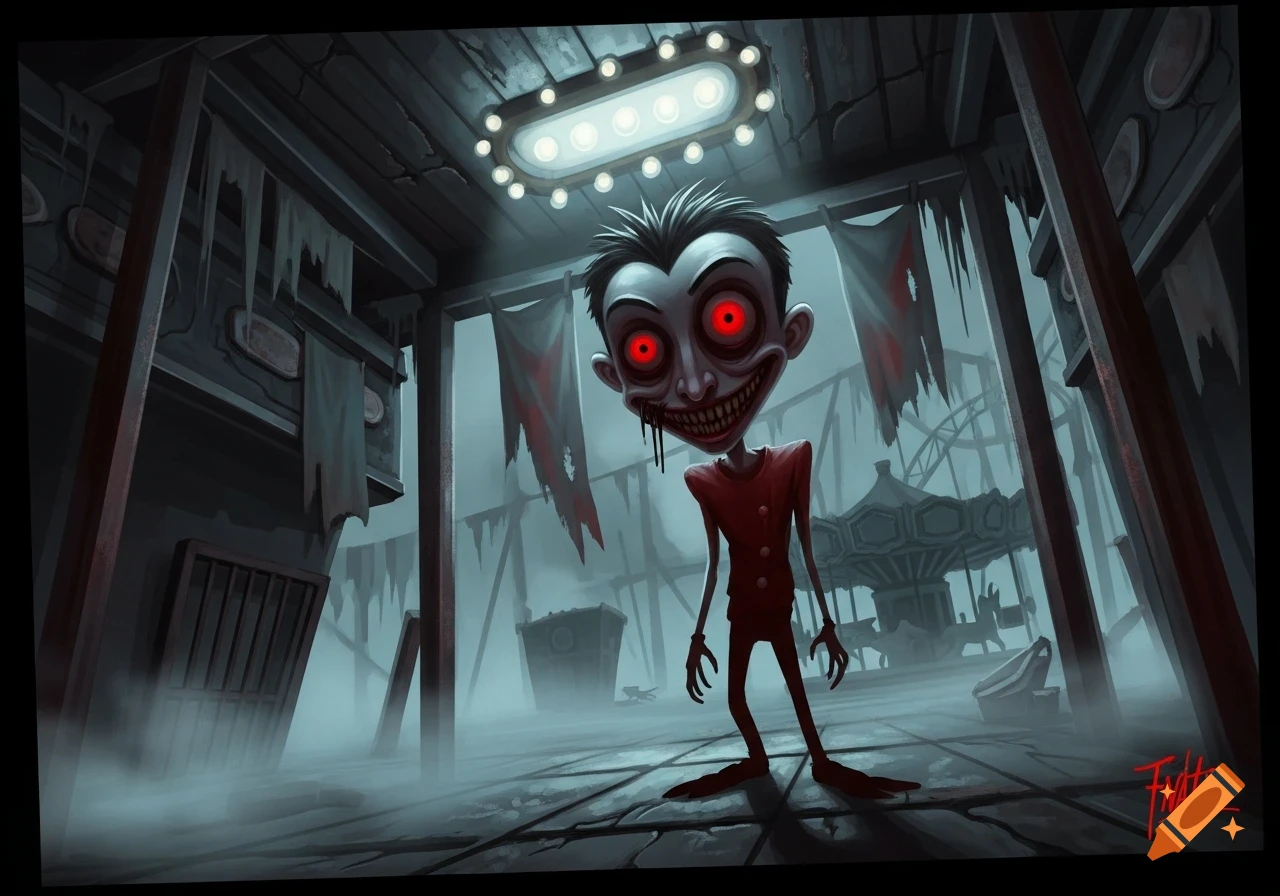A creepy cartoon character with red eyes, a wide grin, and sharp teeth stands in a foggy, abandoned amusement park, digital illustration.