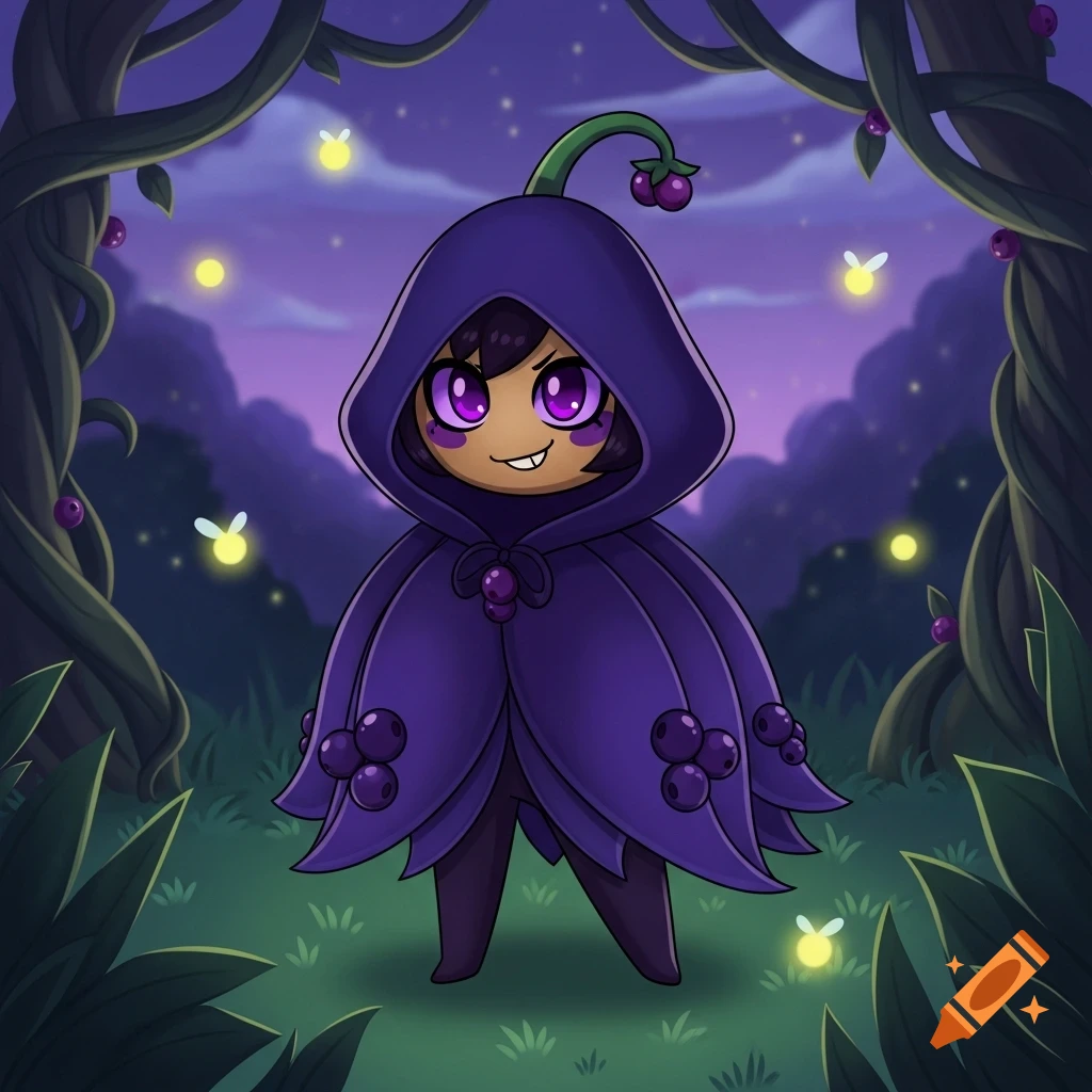 A cute, dark purple nightshade character from Cookie Run Kingdom stands in a magical forest at night, surrounded by fireflies.