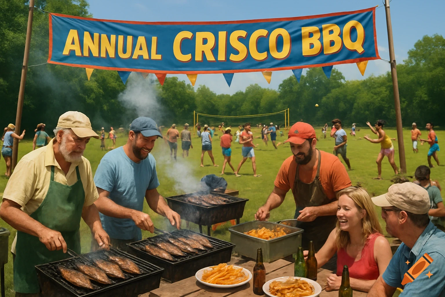 A photorealistic image of an Annual Crisco BBQ with a large banner displaying the name. People are grilling fish, eating, drinking beer, and playing sports in a grassy field.