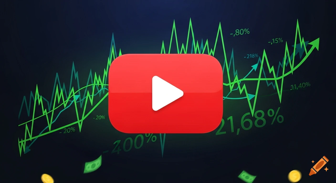 A red play button icon centered on a dark background with green stock market graphs, percentages, money bills, and coins, illustrating video monetization.