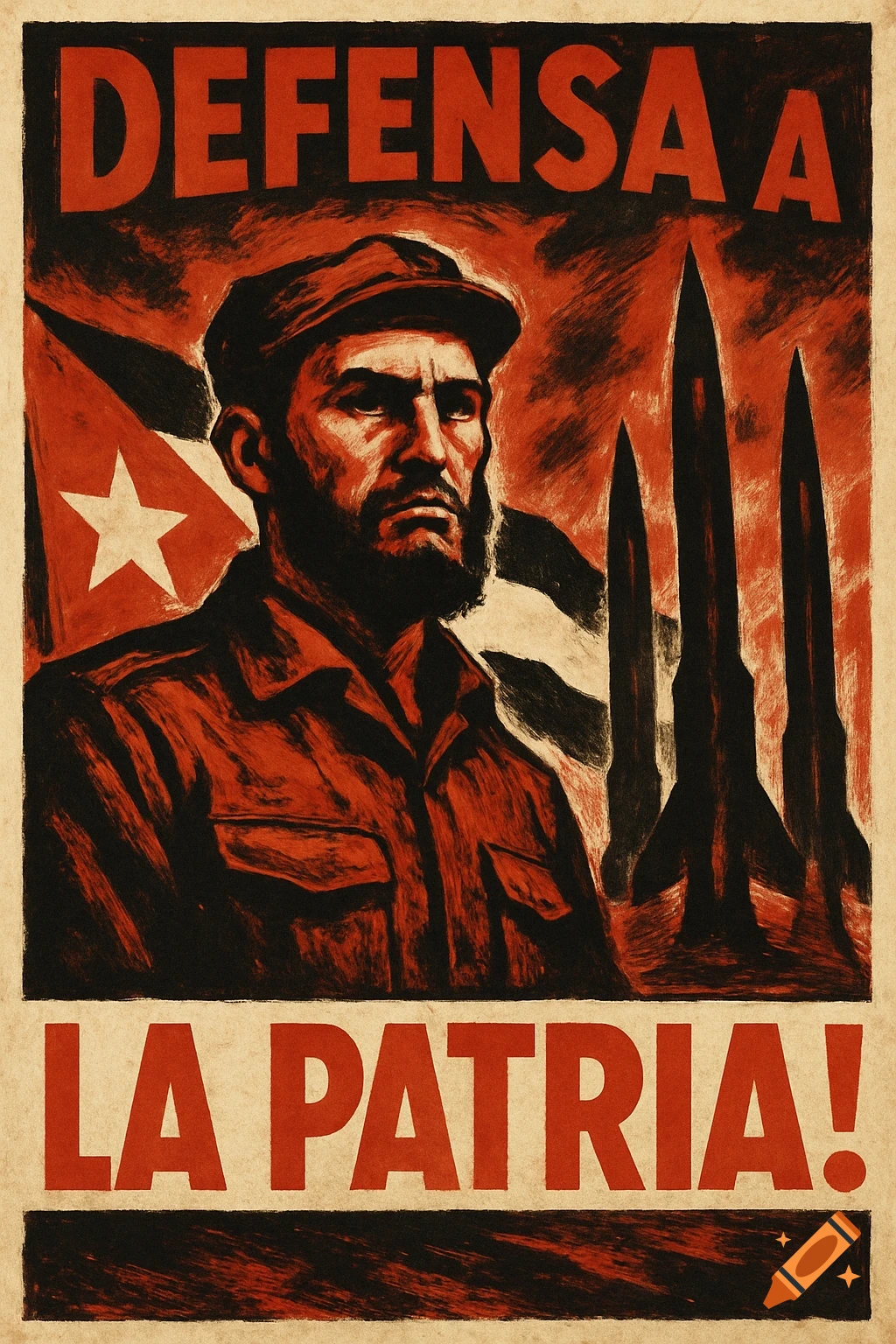 Vintage style propaganda poster with a bearded man, Cuban flag, and missiles, bearing text 'DEFENSA A LA PATRIA!'.