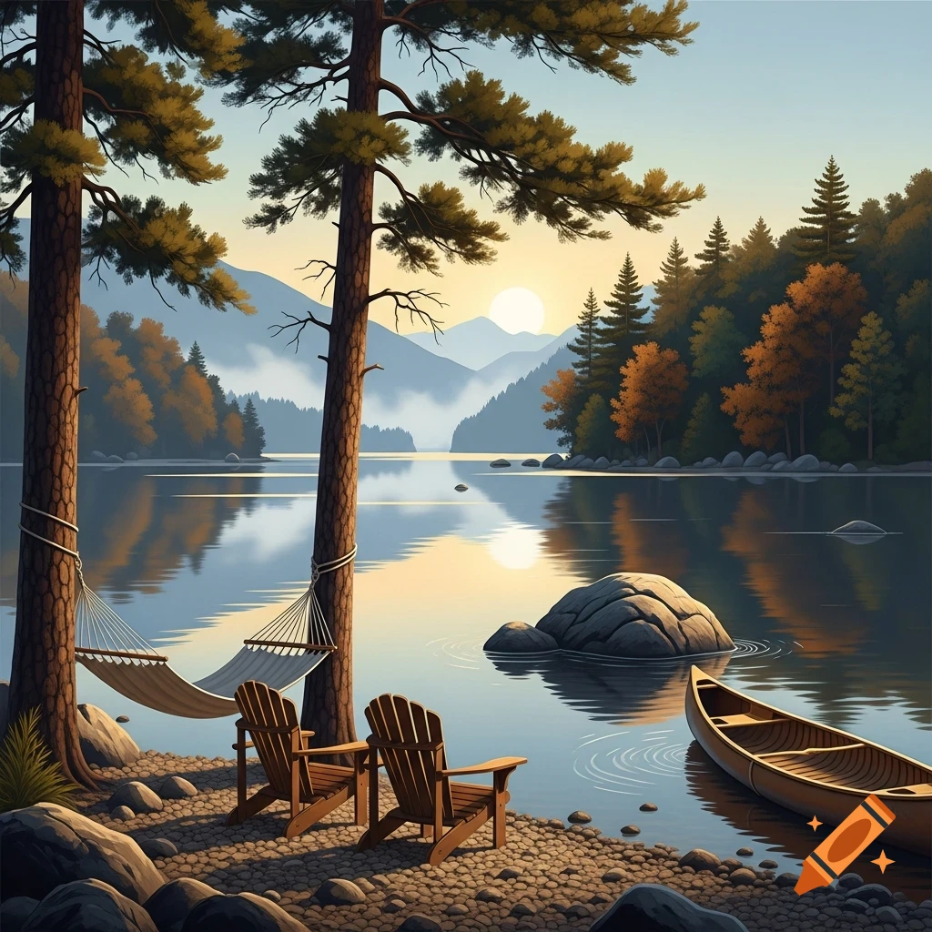 A stylized illustration of a serene lake scene with hammocks, adirondack chairs, and a canoe on the rocky shore, with mountains and trees in the background.