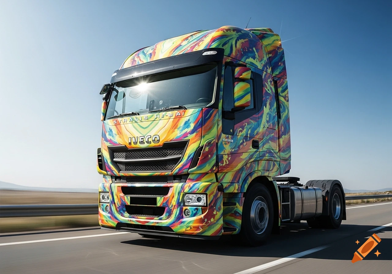 A vibrant, multi-colored truck, resembling a BMW art car, drives on a highway under a clear blue sky.