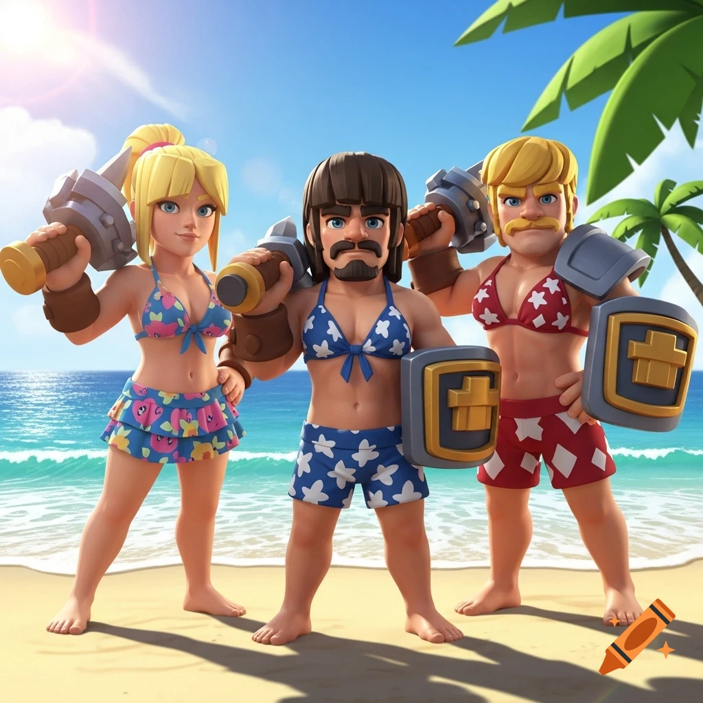 Three anime-style characters, two men and one woman, dressed in bikinis and swim shorts, standing on a sunny beach.