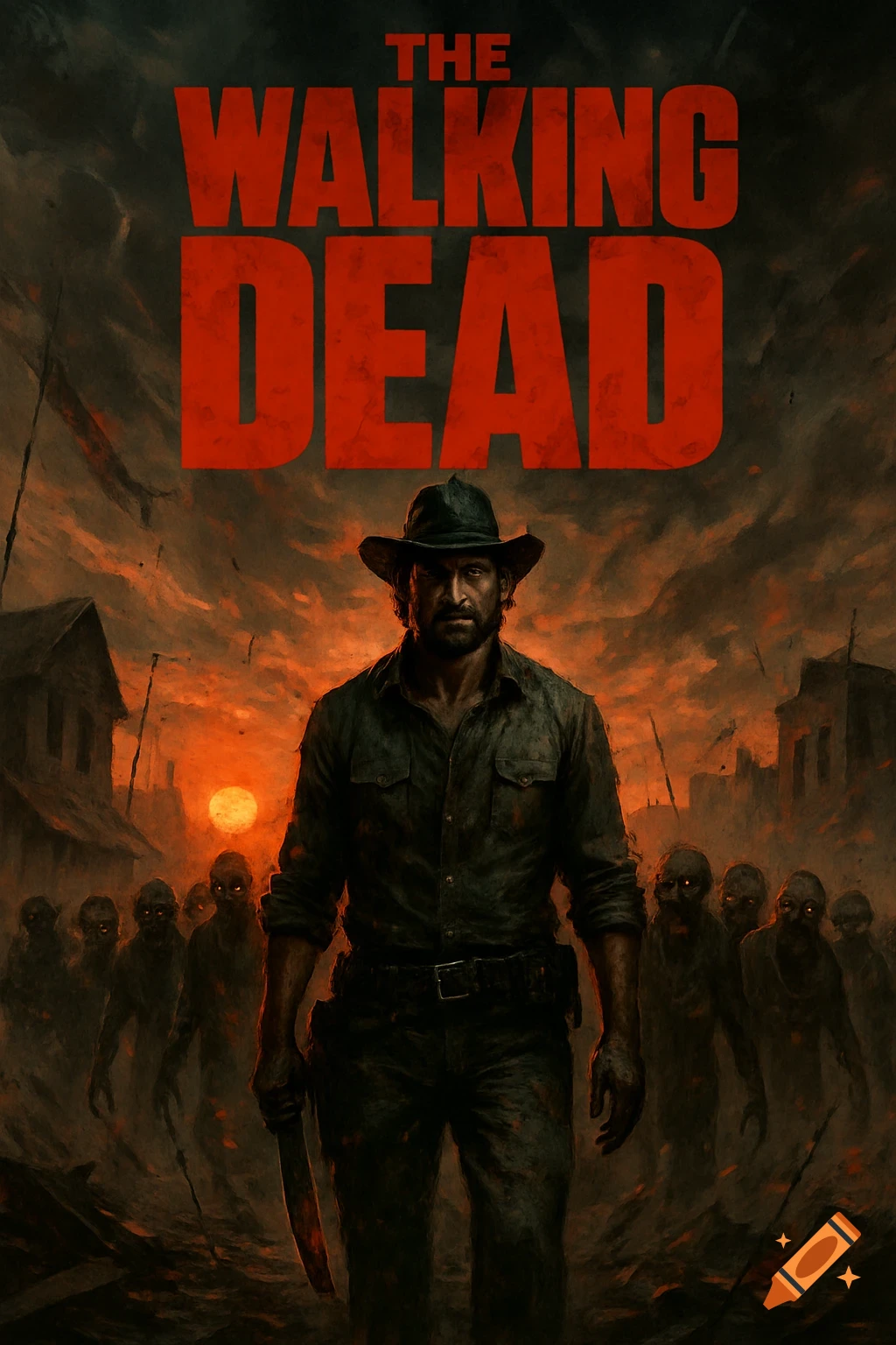 A man with a knife walks through a destroyed town with zombies under a fiery red sky, with 'THE WALKING DEAD' text above. Dark digital art.
