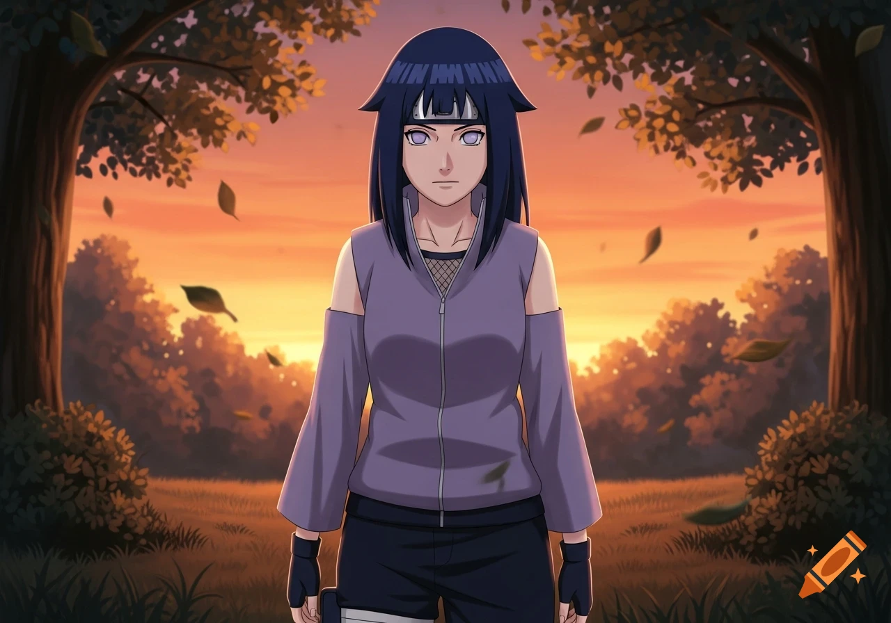 Anime character Hinata Hyuga stands in a grassy field with trees against a sunset sky.