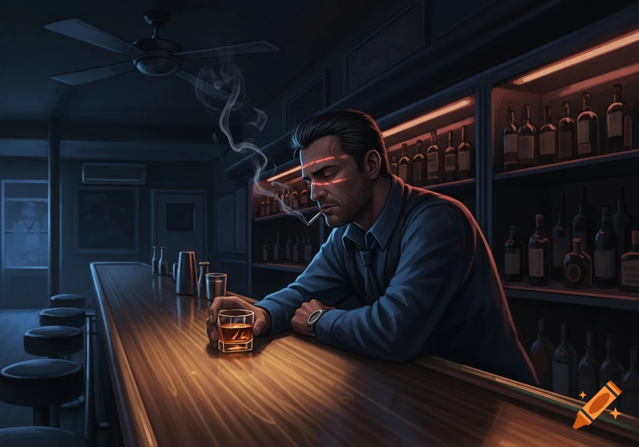 An illustrated man with red light streaks on his face sits alone at a dark bar counter, drinking and smoking.