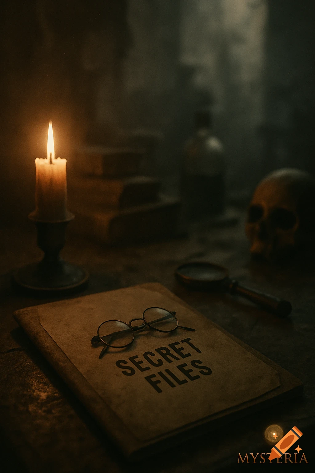 A dark, atmospheric scene with a candle lighting a folder labeled 'SECRET FILES', spectacles, a magnifying glass, and a skull in the background.